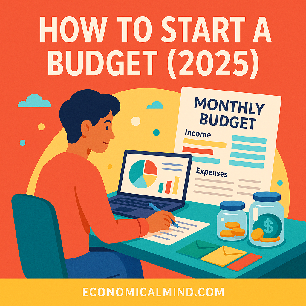 Person planning a 2025 monthly budget at a desk with laptop, charts, envelopes, and savings jars.